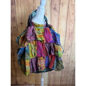 ANU Patchwork Boho Shoulder Bag Colorful Tapestry Ruffle Hobo Slouchy NEW